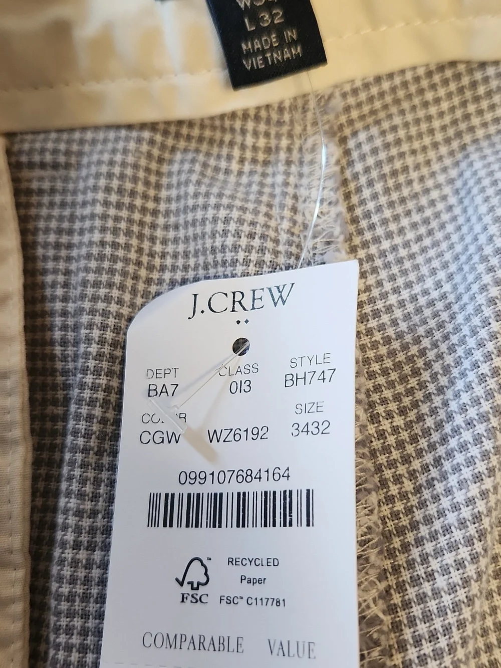 J. Crew Men’s Light Gray Micro Houndstooth  Linen Blend Straight Pants 34/32
